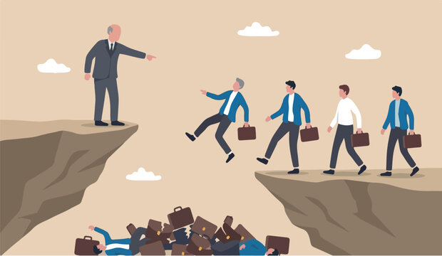 Wrong direction leader authoritarian boss, stupidity or mistake lead company and employees to sabotage or bad problem concept, stupid boss manager pointing order employees to jump off cliff