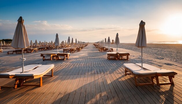 wooden sunbeds in the evening soft light sunbeds in famous italian sand beach at forte dei marmi