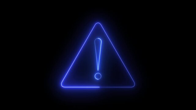 Glowing blue neon warning sign animation, hazard alert symbol on black background.
