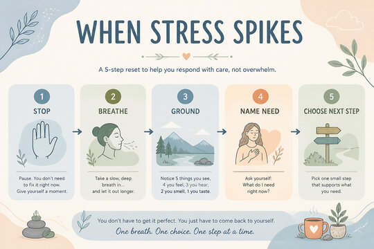 An infographic illustrates a 5-step stress management technique titled When Stress Spikes.