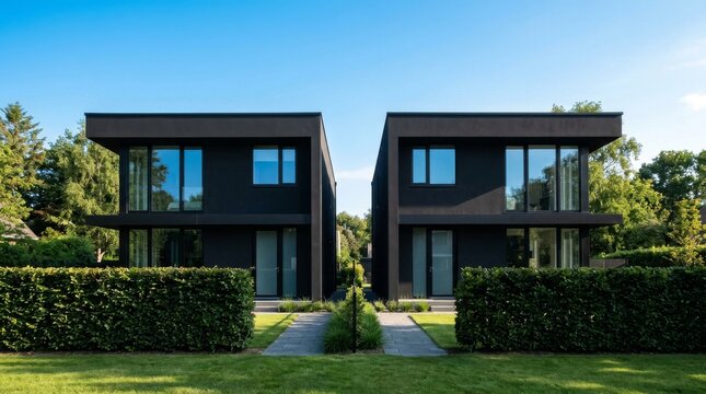 Modern duplex houses with dark facade and green hedges in a sunny garden.