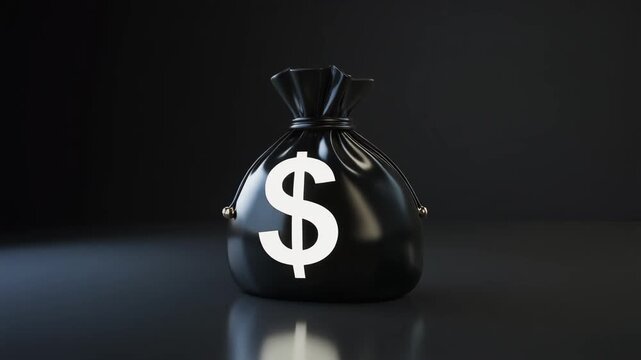 Black money bag with white dollar sign on dark reflective surface with subtle lighting