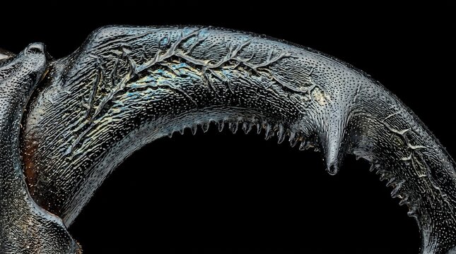 Macro detail of a beetle horn with textured surface and sharp teeth.