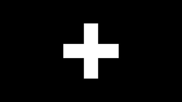 Minimalist white plus sign pulsing on black background, for medical and, ui symbol healthcare.