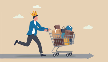 Customer is king, client want is most important, user experience or customer centric marketing strategy concept, happy man or customer wearing king crown running with shopping cart ready buy product © kadir