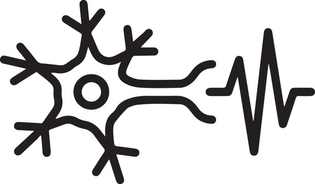 Neural stimulator signal with a simplified neuron cell body and pulsing frequency wave minimalist line art