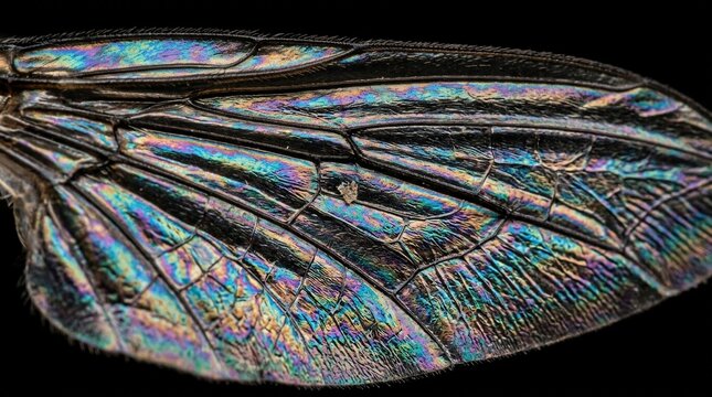 Macro photograph of a colorful iridescent insect wing texture on black.