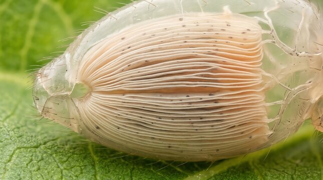 Macro photograph of a delicate insect egg on a green leaf.