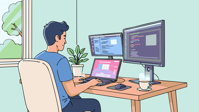Programmer Working on Multiple Computer Screens in a Modern Home Office