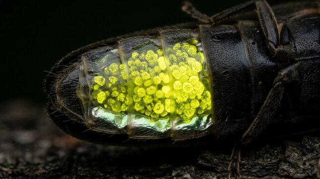 Macro photograph of a glowing firefly abdomen at night.