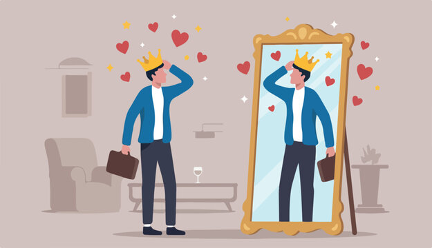 Narcissist people, extreme self involvement confident disorder proud attitude egocentric person, narcissism businessman admire himself or proud crown in with love stars around