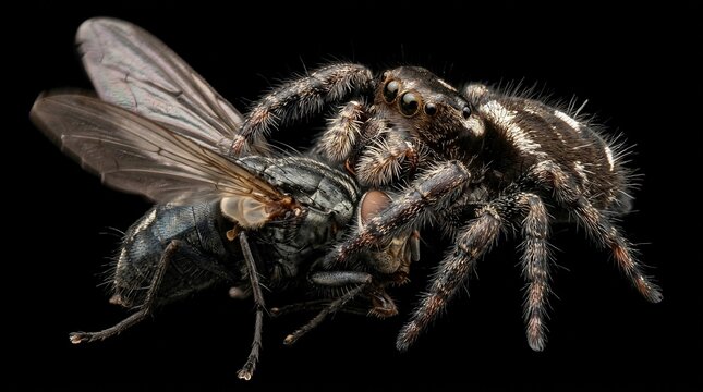 Macro photograph of a jumping spider capturing a house fly on a black background.