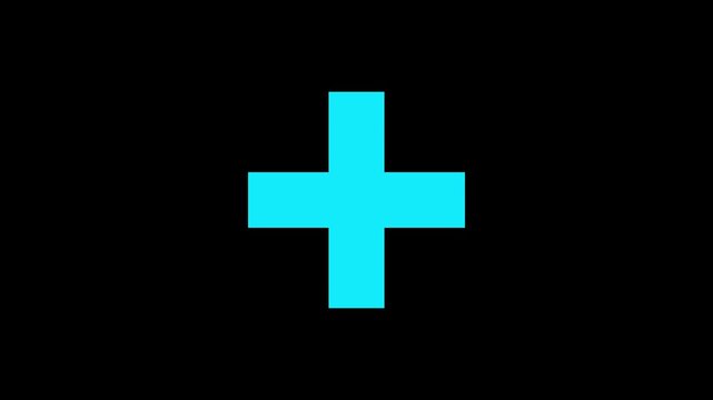 Neon cyan plus sign glowing on black background, minimalist motion symbol math addition.