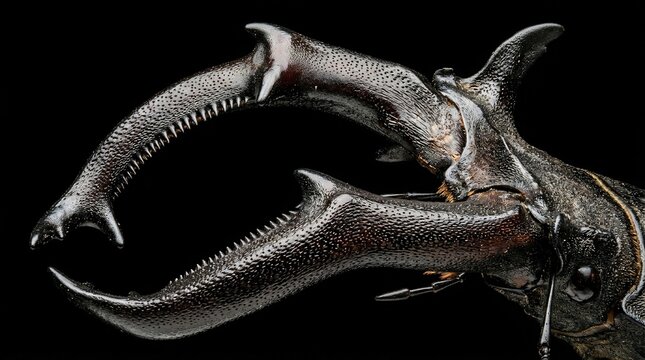 Macro photograph of a male stag beetle mandibles isolated on black background.