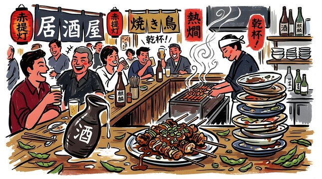 A vibrant illustration of an izakaya, a Japanese pub, bustling with patrons enjoying food and drinks. A chef expertly grills skewers while customers chat and laugh.
