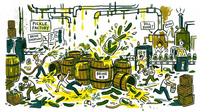 A chaotic and humorous cartoon illustration of a busy pickle factory in full meltdown mode. Workers scramble as giant wooden barrels overflow with green pickles and yellow brine, pipes leak overhead.