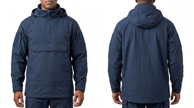 Front and back split of tan skin athletic male hands at sides in dark navy blue hooded half-zip canvas anorak with covered placket, sleeve pockets, flap kangaroo pocket, navy cargo pants. Mockup.