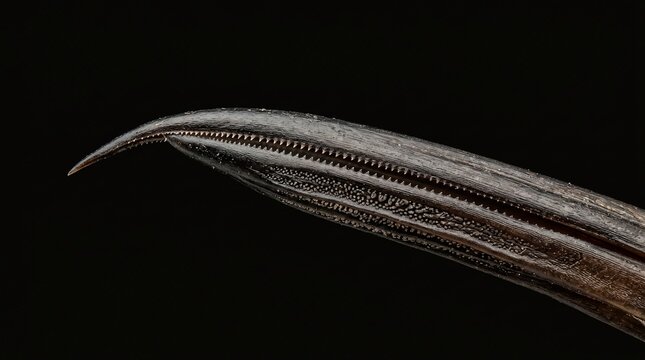 Macro photograph of a sharp curved animal claw isolated on black background.