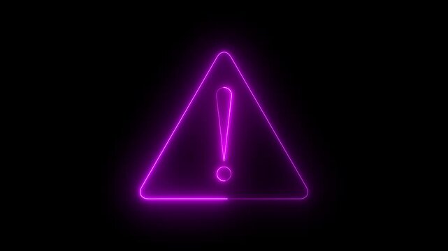 Neon purple exclamation point warning sign glowing animation on black background.