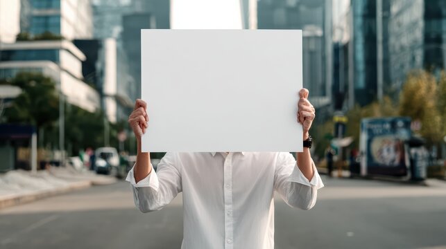 man holding white empty placard above head in city street, realistic proportions, clean minimal composition, 8k 