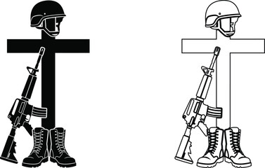 Obraz premium Fallen soldier memorial cross with helmet rifle and military boots memorial sacrifice remembrance