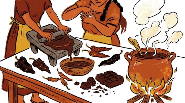 Ancient preparation of chocolate and chili. Two women grinding cocoa beans on a metate and a pot of simmering chocolate over a fire