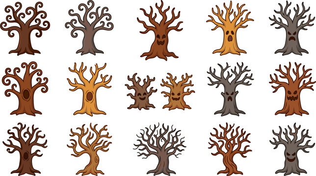 Halloween spooky tree cartoon sticker vector set featuring creepy dead bare trees with scary faces hollows and twisting gnarled branches isolated on white background.
