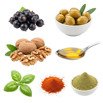 Assorted healthy foods including nuts, olives, and herbs for a balanced diet isolated on transparent background