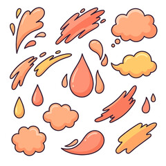 Fototapeta premium Hand-drawn water droplets, splashes and clouds in warm orange tones on a white background