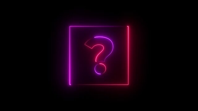 Glowing neon pink and red color question mark sign icon animation quiz confusion mark punctuation interrogative sign education exam circle alphabet sign symbol on black background.