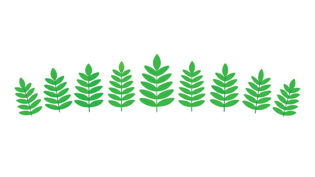 A horizontal row of stylized green leaves in various shades and sizes forming a simple decorative element.