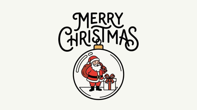Hand-drawn Santa Claus carrying a gift inside a festive Christmas ornament