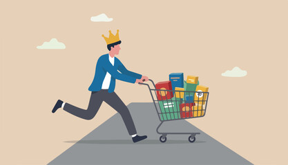 Customer is king, client want is most important, user experience or customer centric marketing success strategy concept, happy man customer wearing king crown running with shopping cart ready to buy © kadir