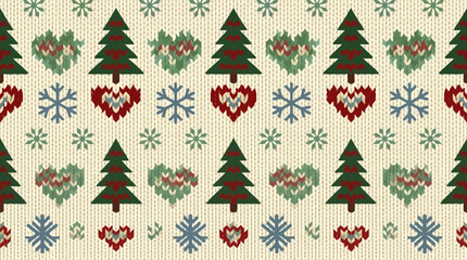 Obraz premium A seamless Christmas pattern with knitted fir trees snowflakes and hearts