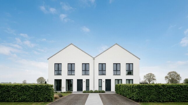 Modern white duplex houses with symmetrical architecture and green hedges.