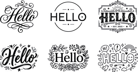 Six different hello typography greeting card design elements Vector, illustration © AF LAB