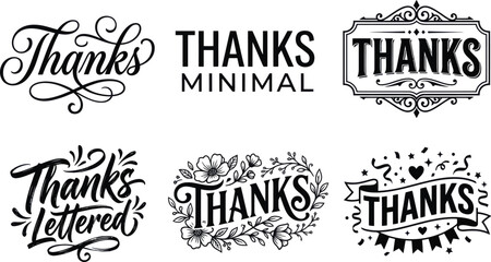 Set of black and white thanks calligraphy typography labels Vector, illustration © AF LAB