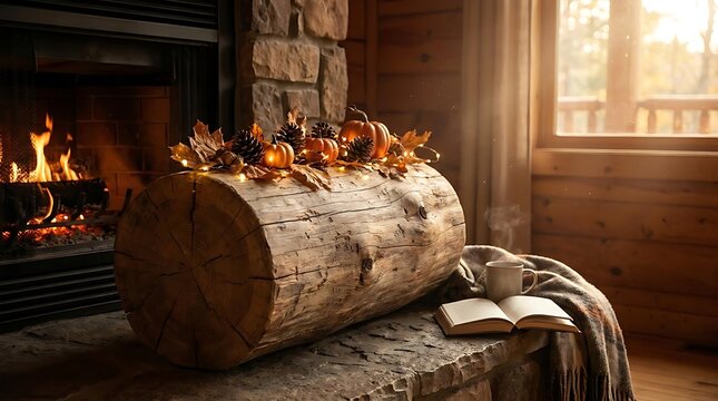 Cozy autumn hearthside scene with warm fireplace and gentle light