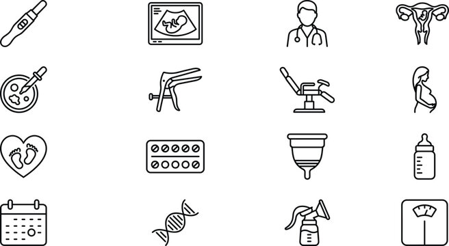 Gynecology and pregnancy medical vector icon set showing ultrasound uterus examination chair and healthcare elements