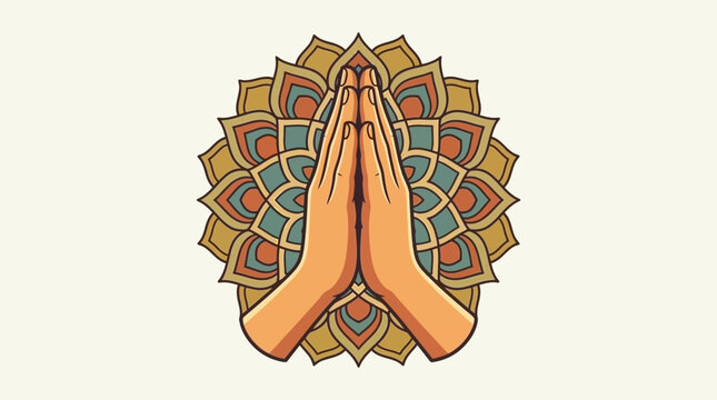 Prayer hands positioned over a vibrant mandala design