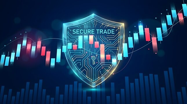 Secure digital trading cybersecurity shield with market data visualization