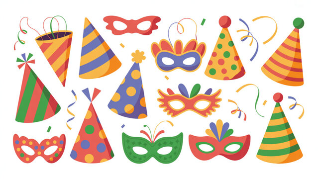 Colorful party hats, masks, and confetti celebration icons set