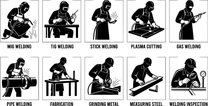 Collection of welding types and metal fabrication icons featuring black square glyphs of mig tig stick gas welding plasma cutting pipes fabrication grinding steel and inspection isolated on white back