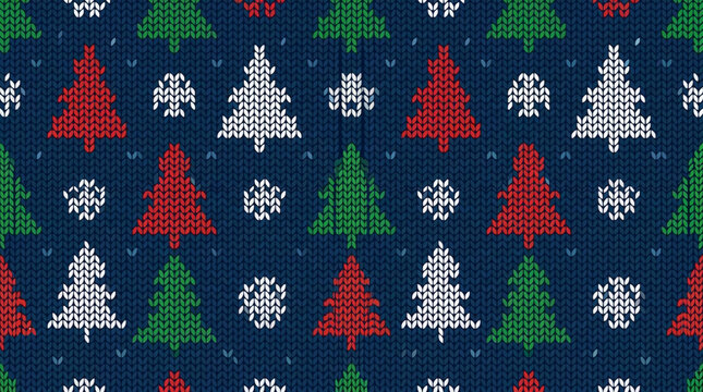 Seamless knitted Christmas sweater pattern with trees and snowflakes