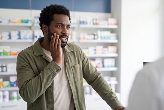 Man with tooth pain seeking relief from a pharmacist in a drug store