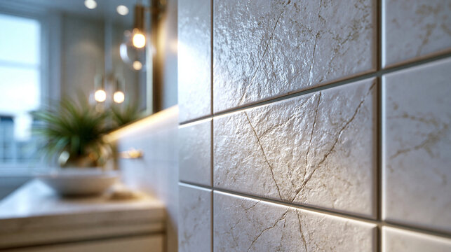 A detailed close-up architectural shot of crisp, ultra-thin grout lines between modern large-format rectified tiles in a luxury contemporary bathroom, seamless and minimalist desig