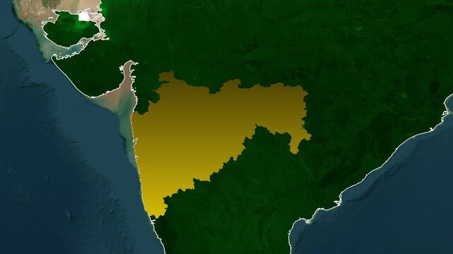 Maharashtra Geographic Focus with Dynamic India Map Zoom Sequence with Cinematic Map Navigation Landing on Maharashtra State Location.
