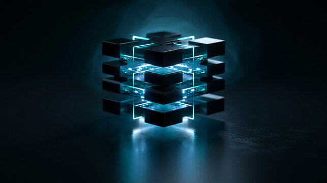 Ultra realistic premium enterprise data warehouse core, single central futuristic data core floating on deep matte black background. Multiple stacked matte black data blocks separa