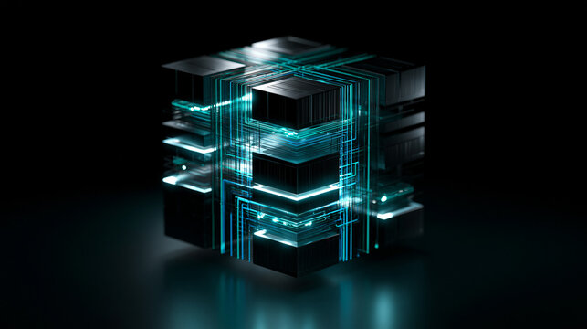 Ultra realistic premium enterprise data warehouse core, single central futuristic data core floating in deep matte black background. Multiple stacked matte black data blocks separa