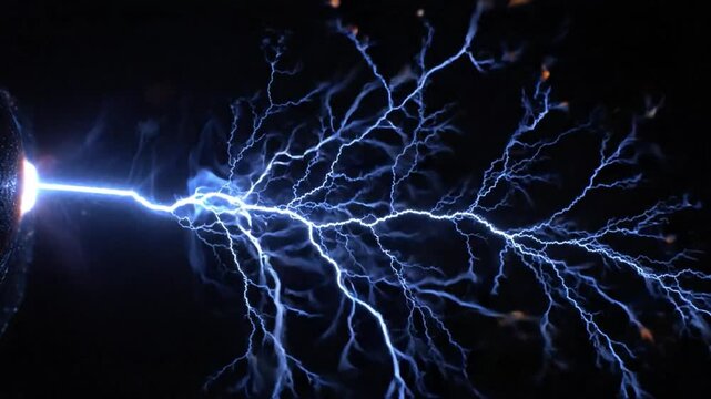 Blue electricity lightning spark plasma energy voltage discharge, abstract dark electrical arc, branching bolt glow, bright power danger science background with sharp dramatic electric light